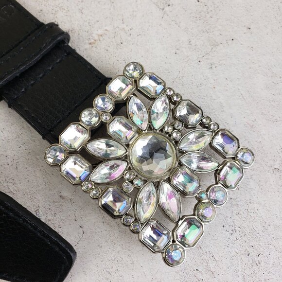 Vintage Y2K GUESS 100% Leather Belt Black Bedazzled Buckle Crystals size M main image 6